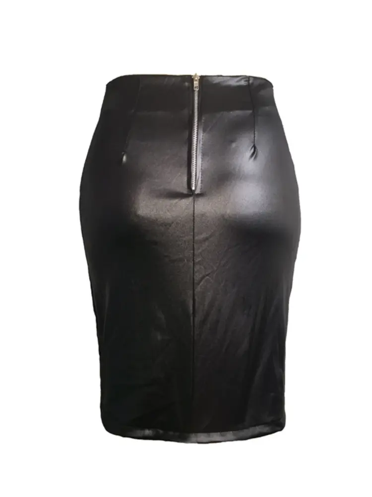 Sexy PU Imitation Leather Cross Bandage Split Mini Skirt Women High-waist Slim Skirts Office Lady Bodycon Skirt Club Party