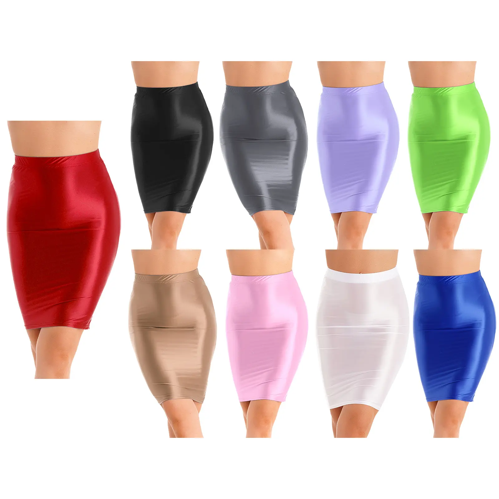 Womens Glossy Sexy Mini Skirt High Waist Pencil Bodycon Skirts Stretchy Shiny Short Dress for Club Pole Dance Party Show Costume