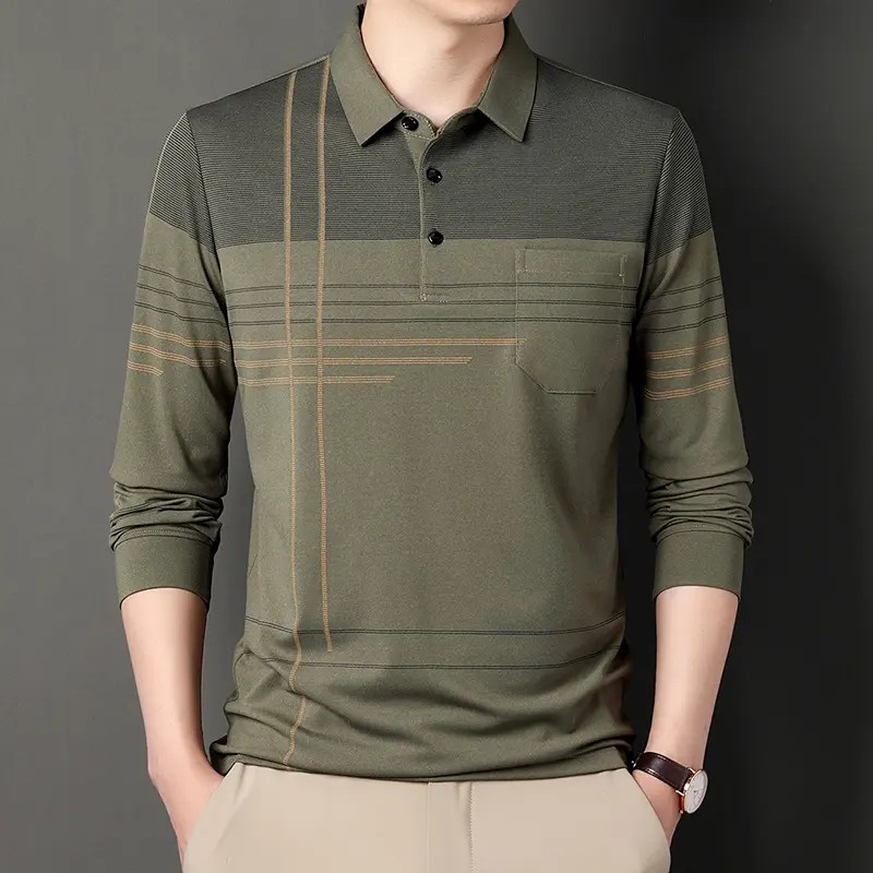 Men Long Sleeve Golf Shirt Button Business Polo Shirt Lapel Casual T-Shirt