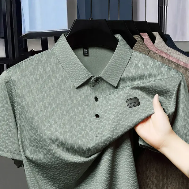 Lapel Short Sleeve Leisure Striped Texture Breathable Button Summer Pullovers Regular Fit Social TShirt for Men Anti-wrinkle Top
