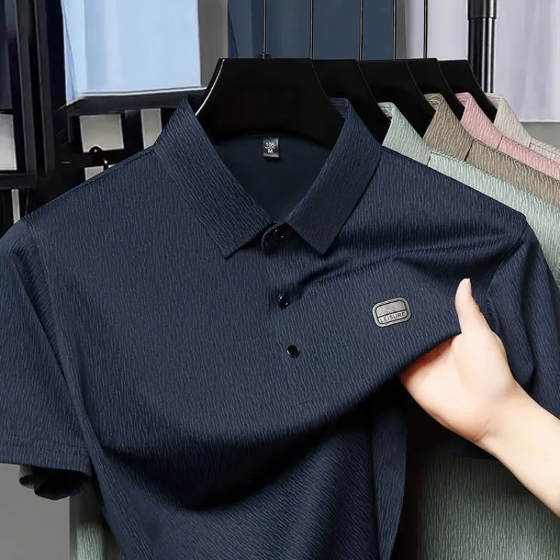 Lapel Short Sleeve Leisure Striped Texture Breathable Button Summer Pullovers Regular Fit Social TShirt for Men Anti-wrinkle Top