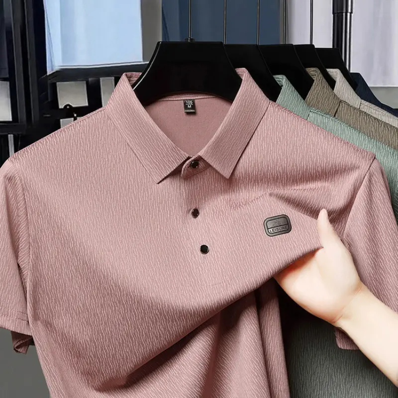 Lapel Short Sleeve Leisure Striped Texture Breathable Button Summer Pullovers Regular Fit Social TShirt for Men Anti-wrinkle Top