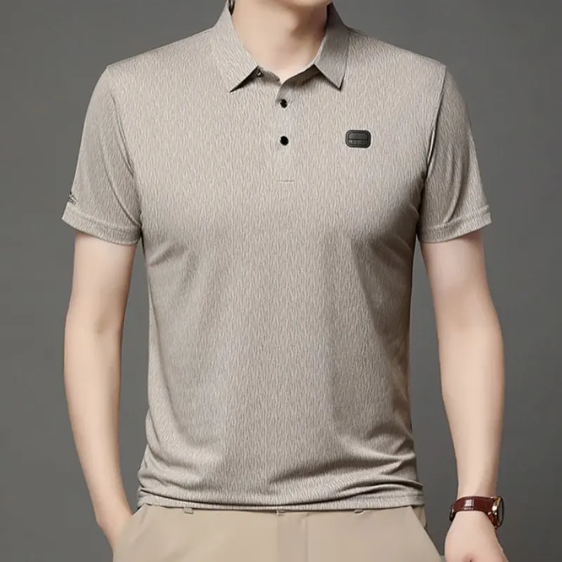Lapel Short Sleeve Leisure Striped Texture Breathable Button Summer Pullovers Regular Fit Social TShirt for Men Anti-wrinkle Top