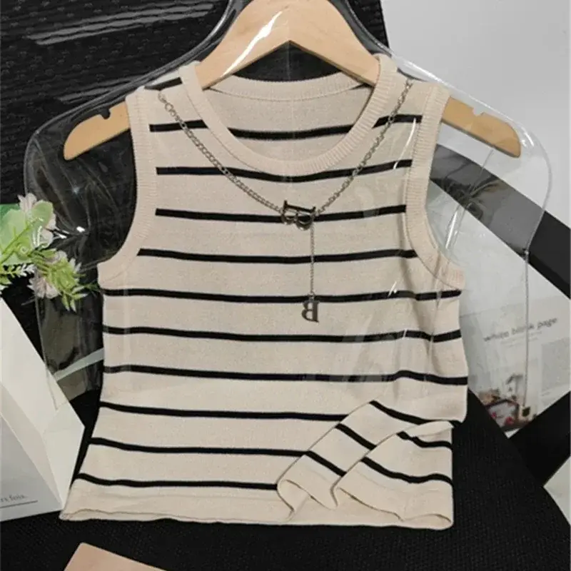 New 2025 Women Tank & Camis Basic Bottoming Striped Chain Elasticity Vests Summer Wild Crop Short Tops