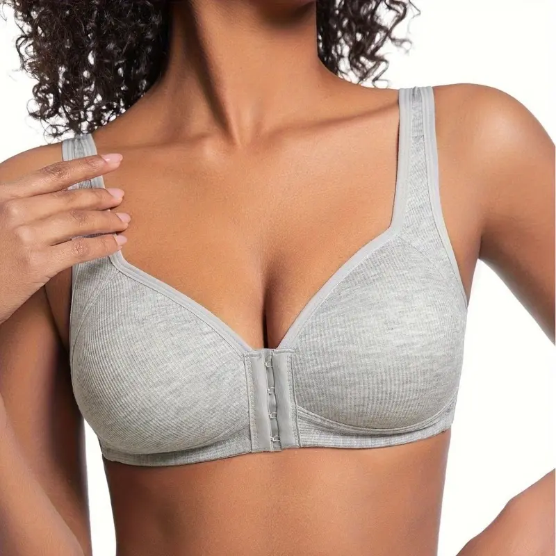 Women's Bra Wire-Free Front Closure Solid Color Full Coverage Fixed Cups More Considerate for Middle-Aged And Elderly Individual