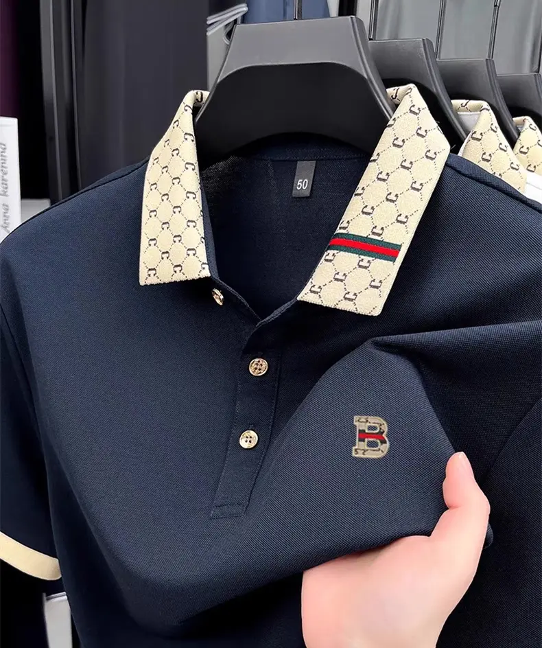 High end brand cotton men's short sleeved polo shirt summer fashion B letter exquisite badge golf silk casual business T-shirt