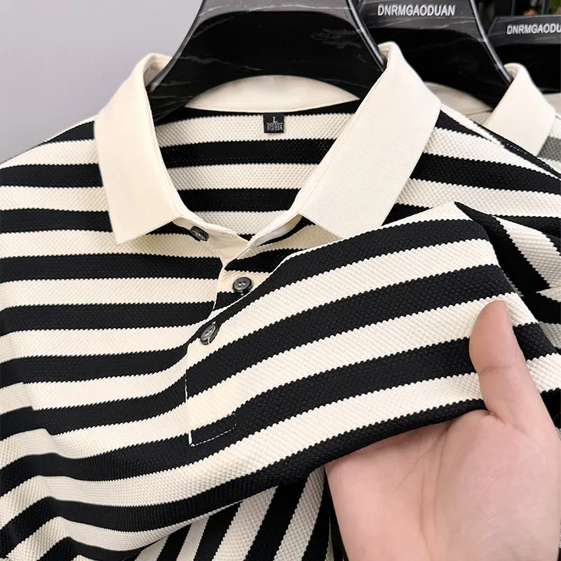 High Quality Summer Men's 2025 New Short Sleeved T-shirt with Striped Half Sleeves Trendy T-shirt Polo Shirt for Men