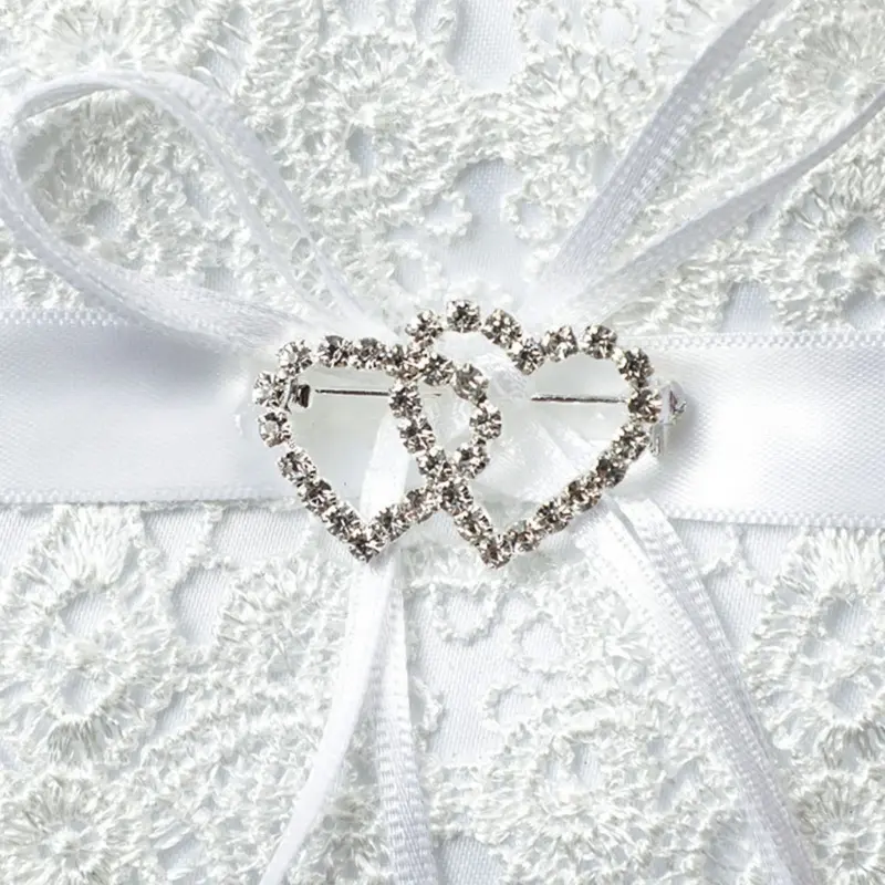 Wedding Rings Pillow Love Heart Charm Bowknot Rings Bearer Hollowed Lace Decoration for Rings Display Organization