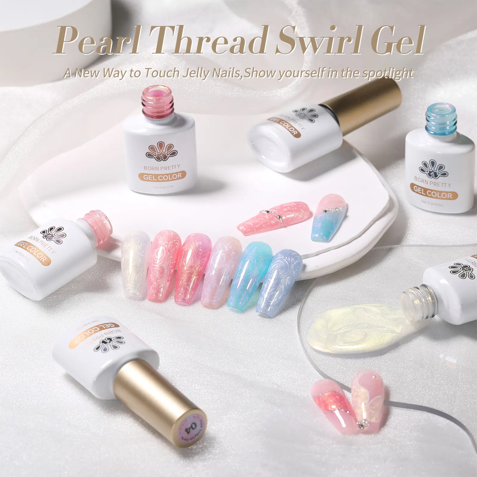 BORN PRETTY 6 Bottles 7ml Pearl Thread Swirl Gel Nail Polish Set Auoras Shell Nebulas Semi-Permanant Varnish Soak Off Nail Art