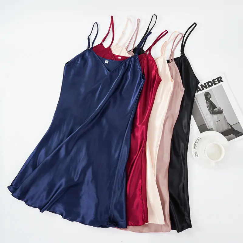 Women's Sexy Silk Satin Night Dress Sleeveless Nighties V-neck Nightgown Nightdress Plus Size Sleepwear Nightwear