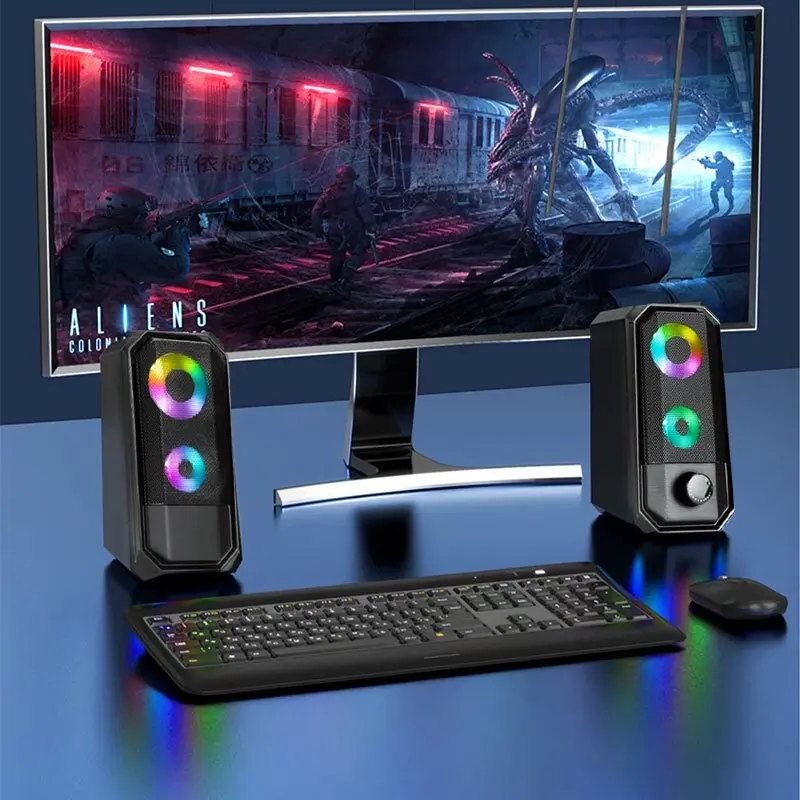 Desktop Speakers, 2.0 Channel PC Computer HiFi Stereo Gaming Speaker with Colorful LED Light Modes, Enhanced Bass