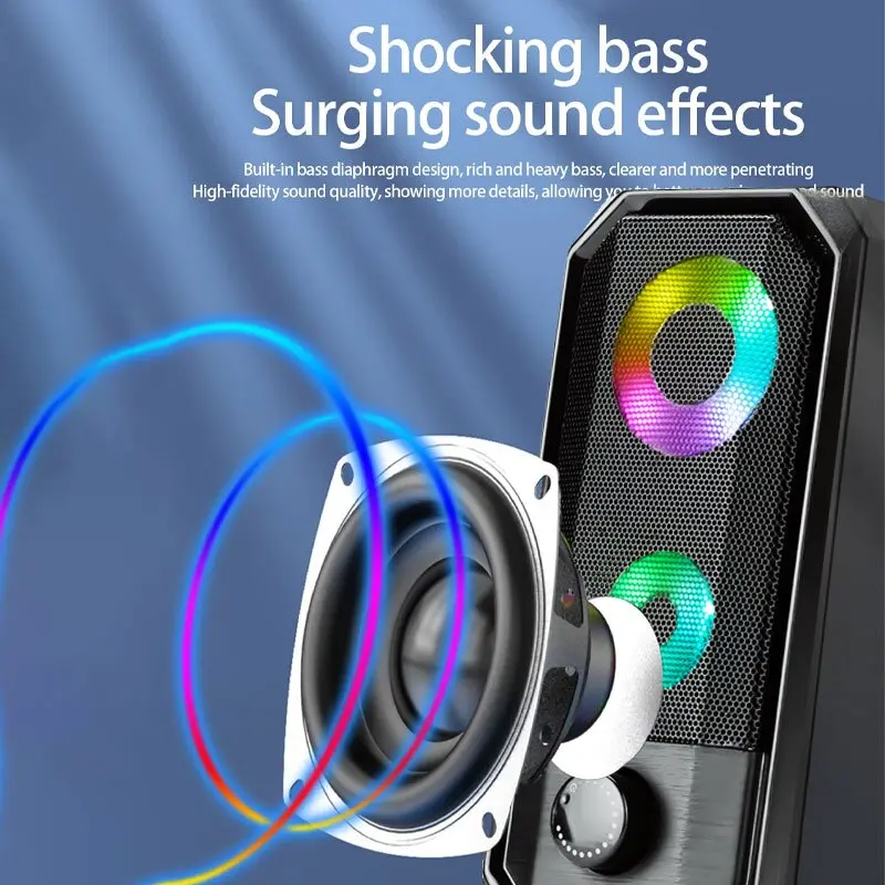 Desktop Speakers, 2.0 Channel PC Computer HiFi Stereo Gaming Speaker with Colorful LED Light Modes, Enhanced Bass