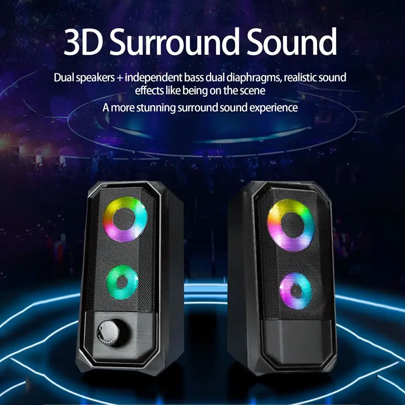 Desktop Speakers, 2.0 Channel PC Computer HiFi Stereo Gaming Speaker with Colorful LED Light Modes, Enhanced Bass