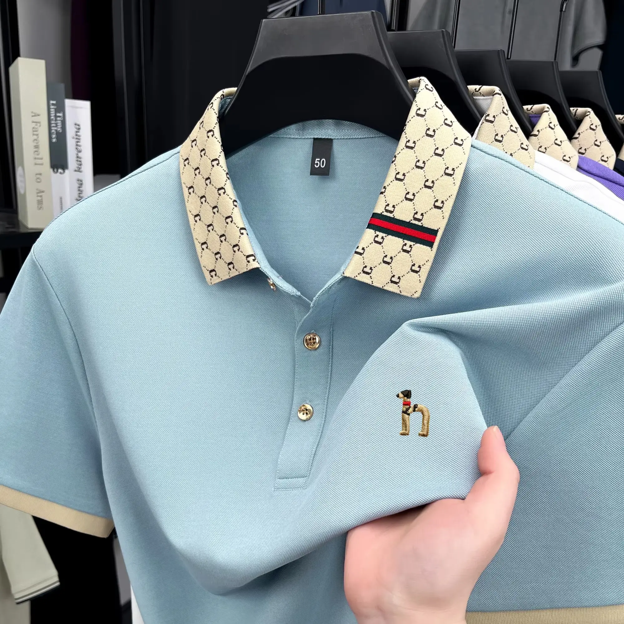 Summer New Luxury Men's Teddy Dog Pattern Design Embroidered Short Sleeve Golf Shirt Comfortable Pure Cotton Business Casual Top