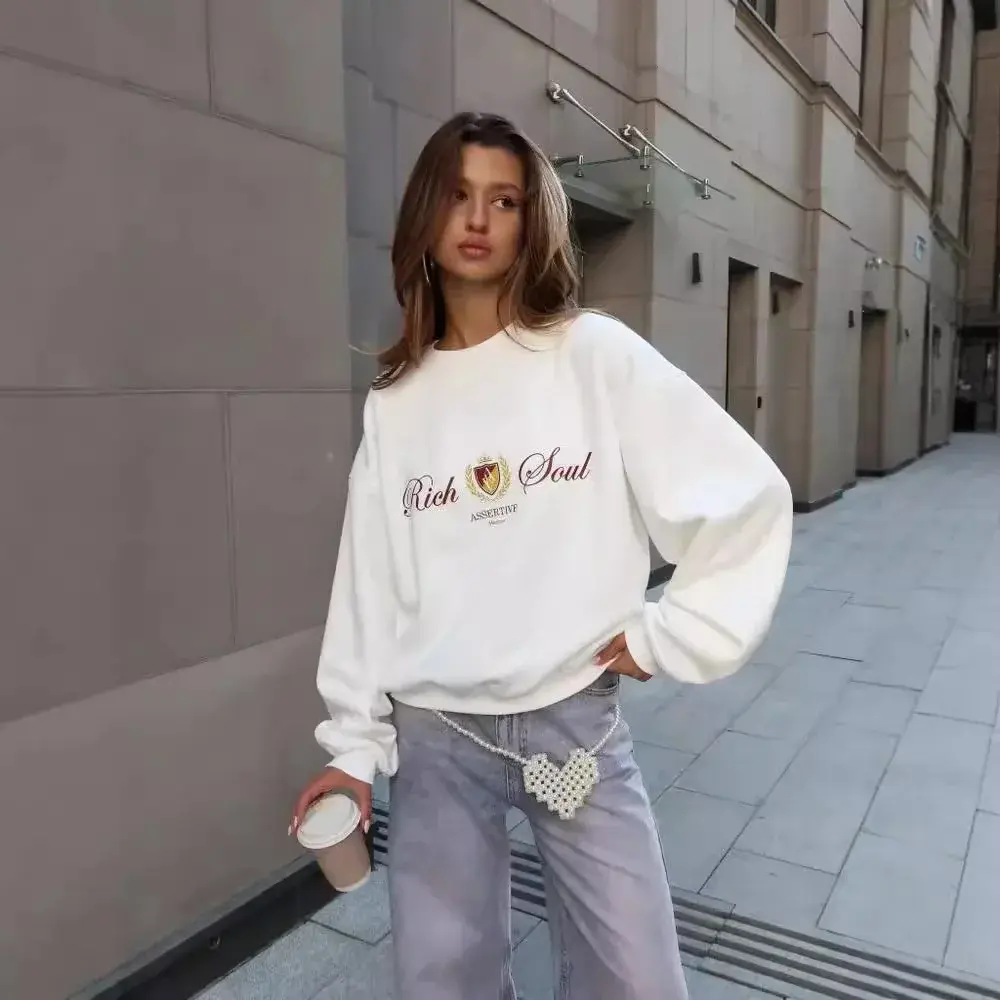 2024 Casual Versatile Loose-Fit Fleece-Lined Thickened Round Neck Sweatshirt Women's Fashionable Printing Pullover Autumn/Winter