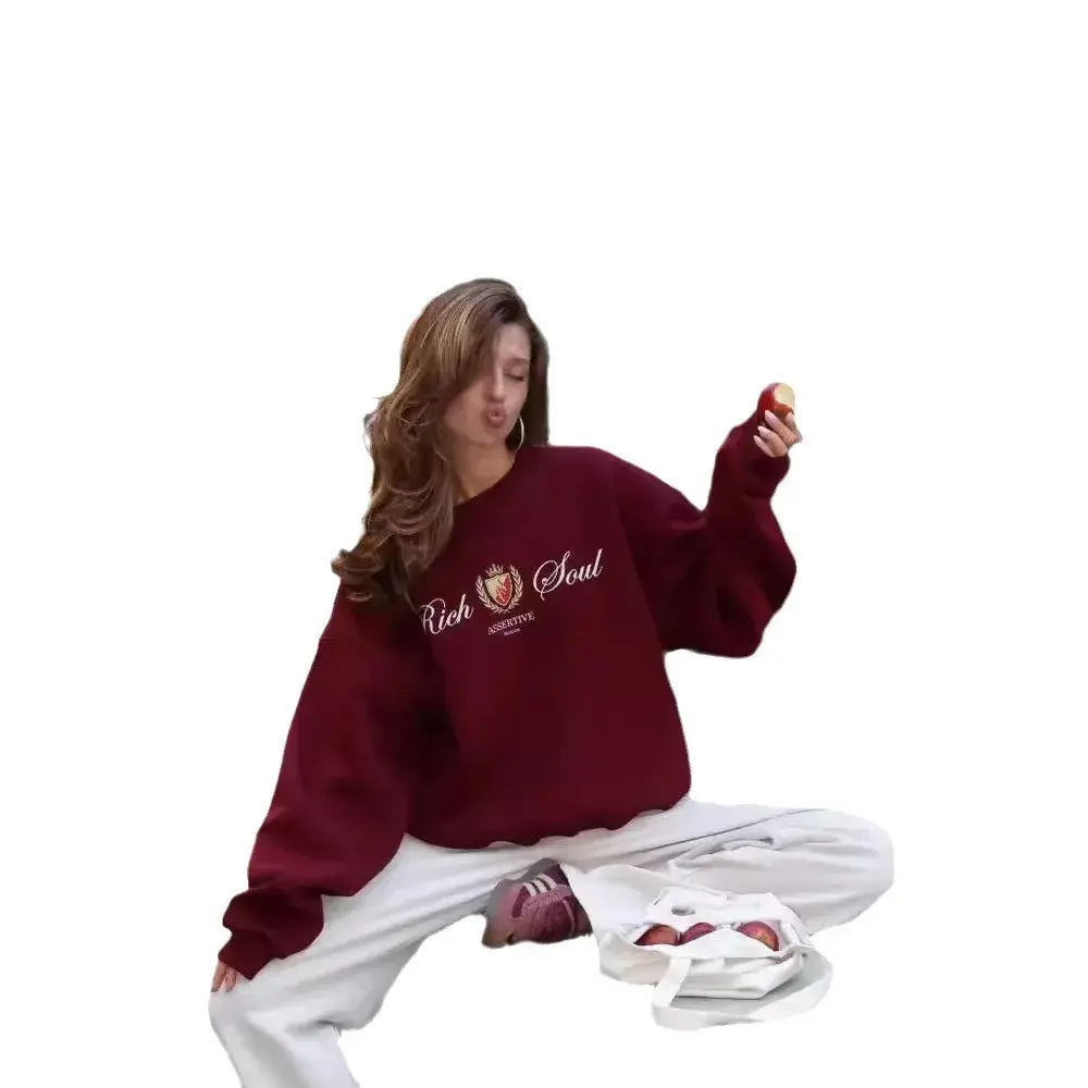2024 Casual Versatile Loose-Fit Fleece-Lined Thickened Round Neck Sweatshirt Women's Fashionable Printing Pullover Autumn/Winter