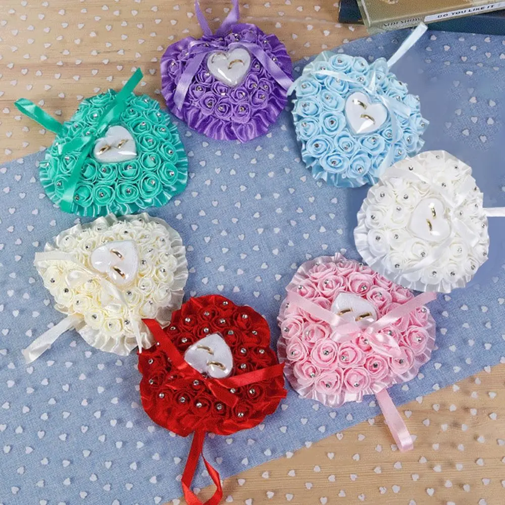 Heart Ring Pillow for Wedding Valentine's Day Favors Mariage Ring Display Pillow Cushion With Transparent Box Ring Bearer Pillow