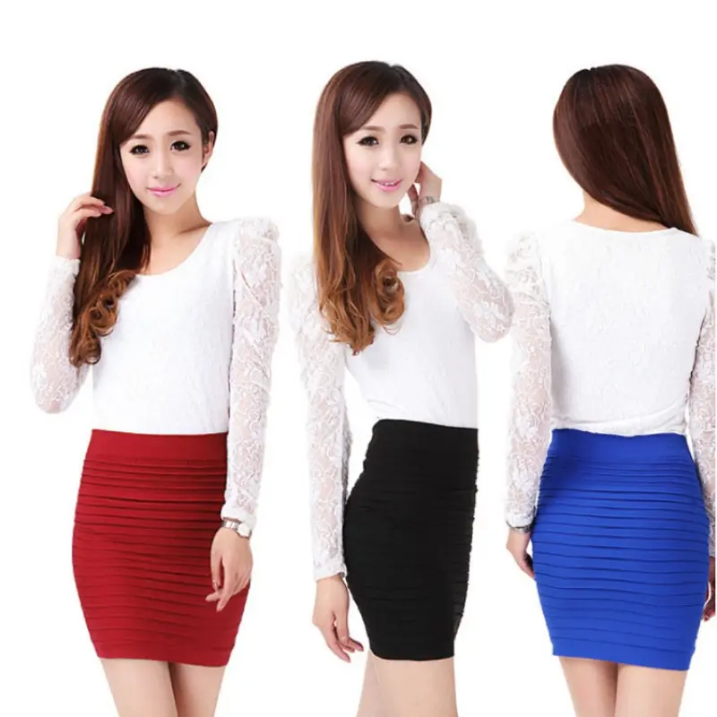 Candy Color Elastic Pleated Skirt High Waist Bodycon Mini Skirts Sexy Office Women Slim Pencil Skirts Clubwear Short skirt