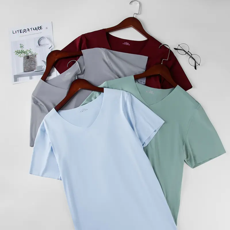 2025 Men's Thin Short Sleeve Ice Silk Without Summer Solid Color T Shirt Trace Slim V-neck Bottoming Seamless Short Sleeve