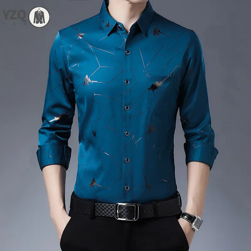 New Men's Casual Printed Long Sleeved Lapel Shirt for Spring and Autumn Fashion Comfortable Wrinkle Free Top Without Ironing