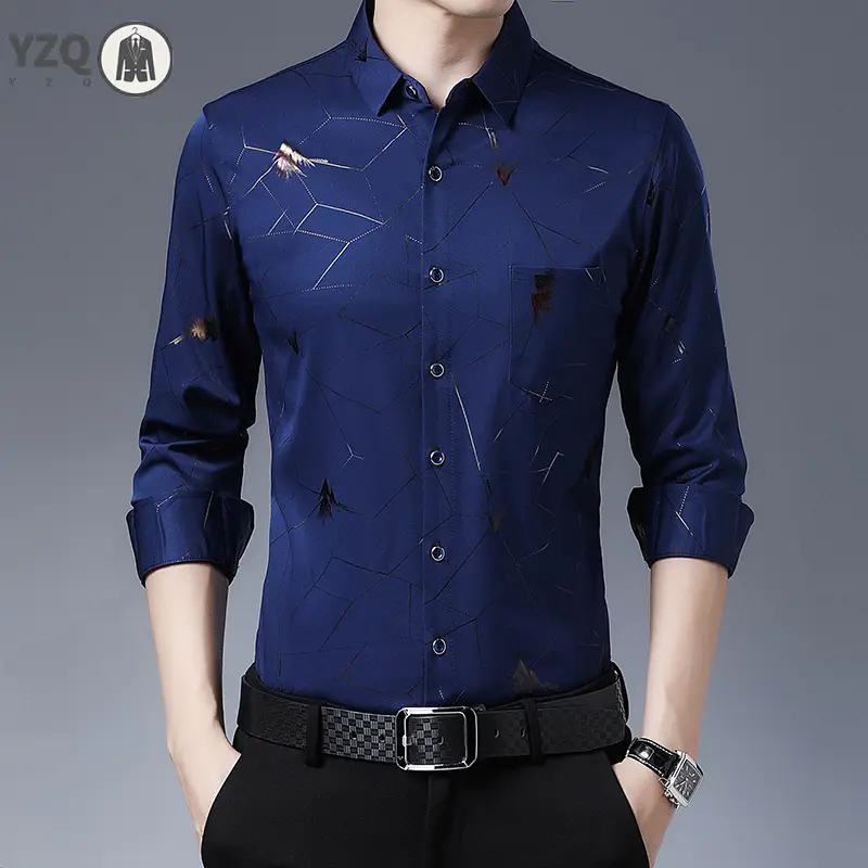 New Men's Casual Printed Long Sleeved Lapel Shirt for Spring and Autumn Fashion Comfortable Wrinkle Free Top Without Ironing