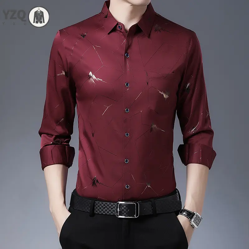 New Men's Casual Printed Long Sleeved Lapel Shirt for Spring and Autumn Fashion Comfortable Wrinkle Free Top Without Ironing