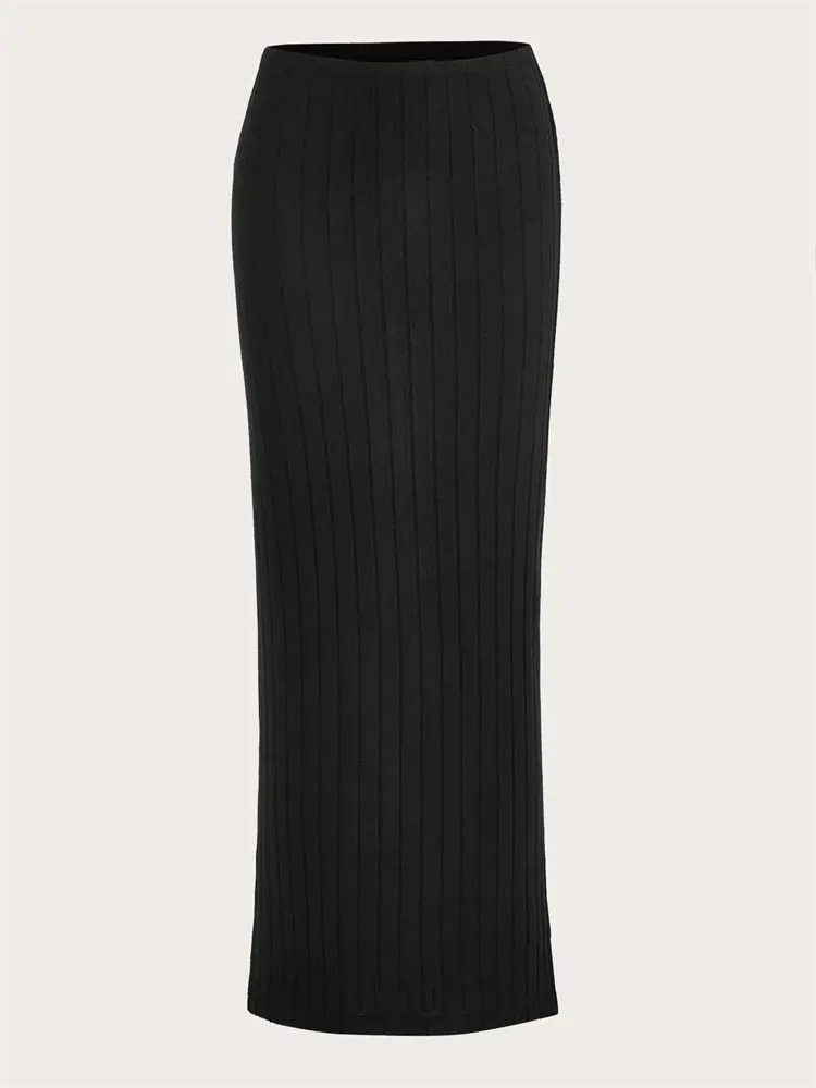 Casual Solid Color Ribbed Knit Pencil Skirt Women Autumn Spring High Waist Elegant Slim Fit Long Skirt Streetwear
