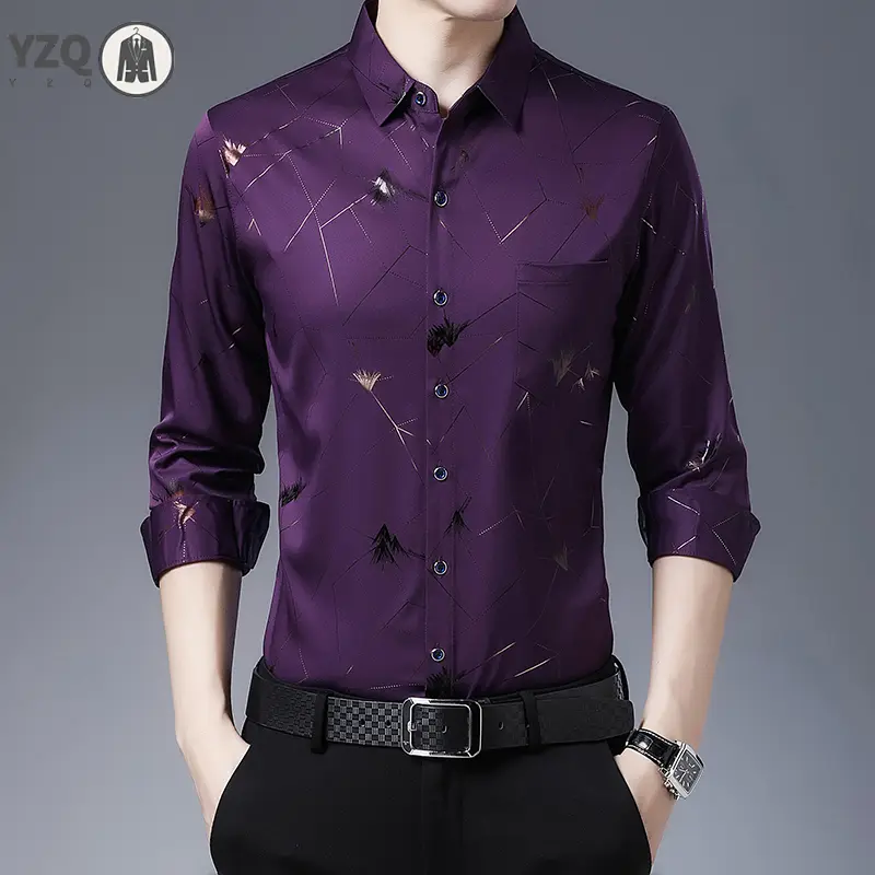 New Men's Casual Printed Long Sleeved Lapel Shirt for Spring and Autumn Fashion Comfortable Wrinkle Free Top Without Ironing