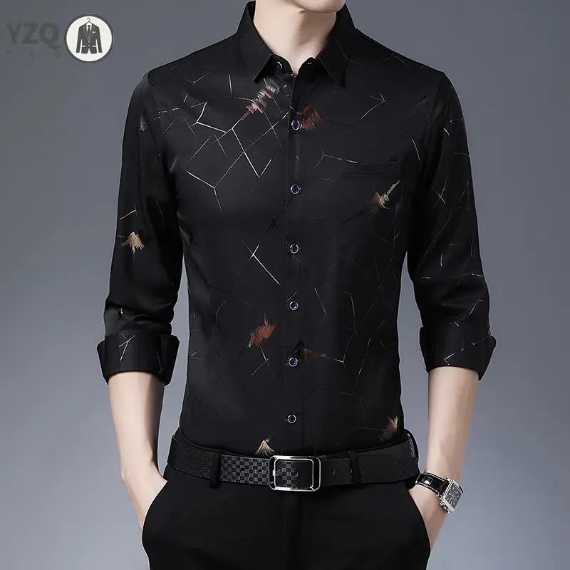 New Men's Casual Printed Long Sleeved Lapel Shirt for Spring and Autumn Fashion Comfortable Wrinkle Free Top Without Ironing