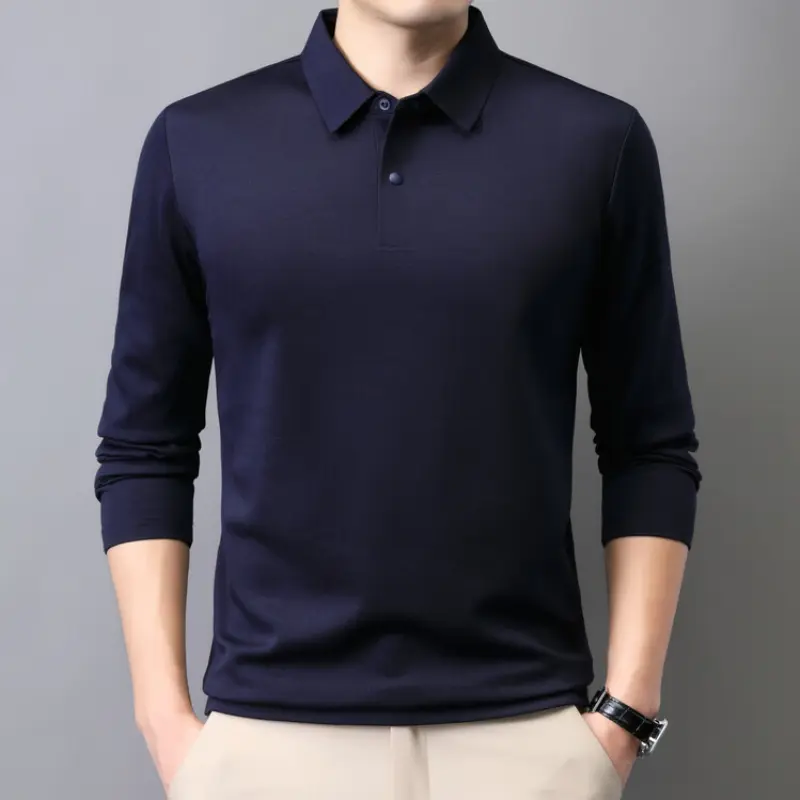 Inner Brushed Men's Long-Sleeved Polo, New Autumn Golf T-shirt, Luxury Goods, Business Casual Top Plus Size Wool Mulberry Silk