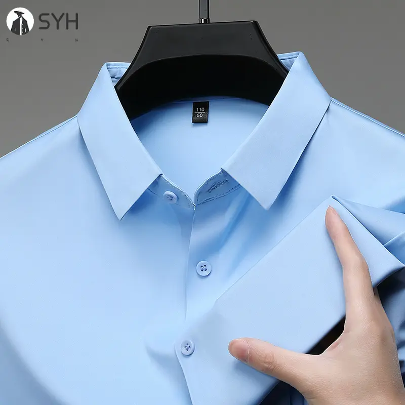 New Men's Business Casual Solid Color Short Sleeved Shirt for Summer Fashion No Ironing Comfortable and Versatile Top