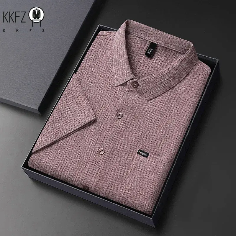 2024 Men's Business Casual Plaid Cotton Linen Short Sleeved Shirt Comfortable Cotton Top