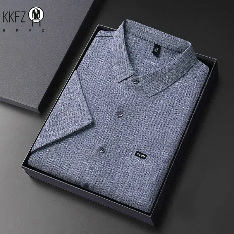 2024 Men's Business Casual Plaid Cotton Linen Short Sleeved Shirt Comfortable Cotton Top