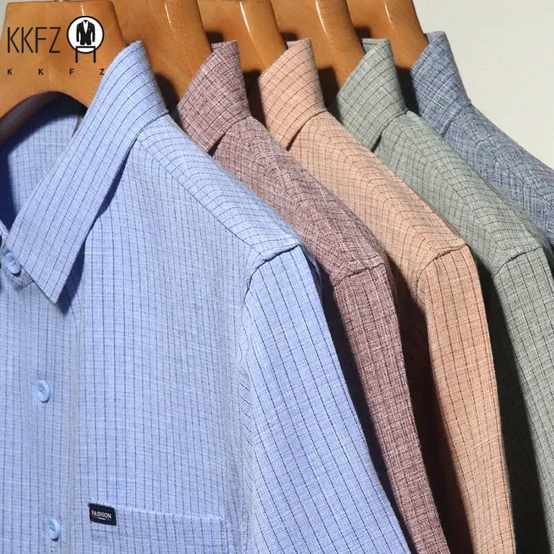 2024 Men's Business Casual Plaid Cotton Linen Short Sleeved Shirt Comfortable Cotton Top