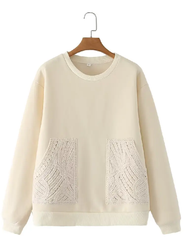 2022 Women Round collar Front Spliced Knitted Pockets Pullover Hoodies Sweats Winter Keep Warm With Fleece Sweatshirt Beige