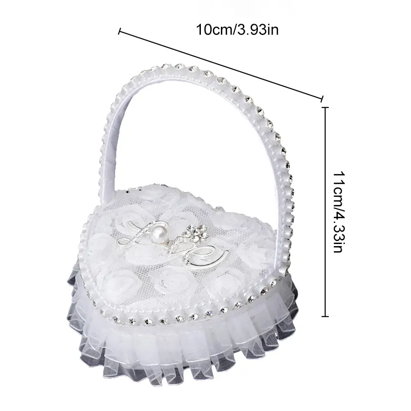 Romantic Heart-shaped Ring Box White Lace Flower Girls Basket Valentine's Day Gift Ring Pillows Case Wedding Party Decorations