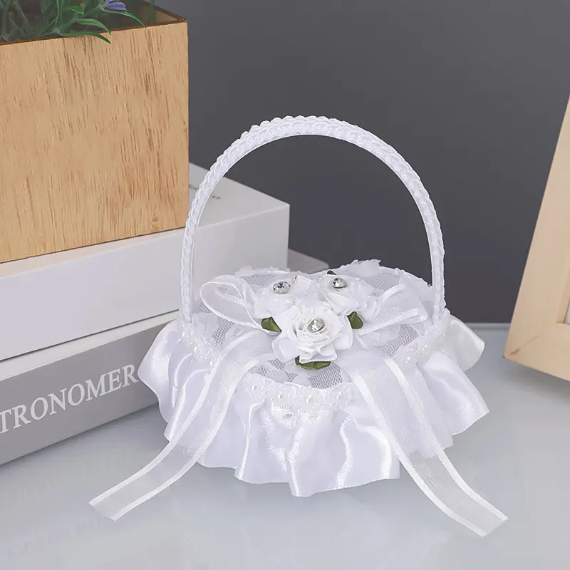 Romantic Heart-shaped Ring Box White Lace Flower Girls Basket Valentine's Day Gift Ring Pillows Case Wedding Party Decorations