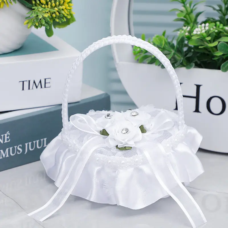Romantic Heart-shaped Ring Box White Lace Flower Girls Basket Valentine's Day Gift Ring Pillows Case Wedding Party Decorations