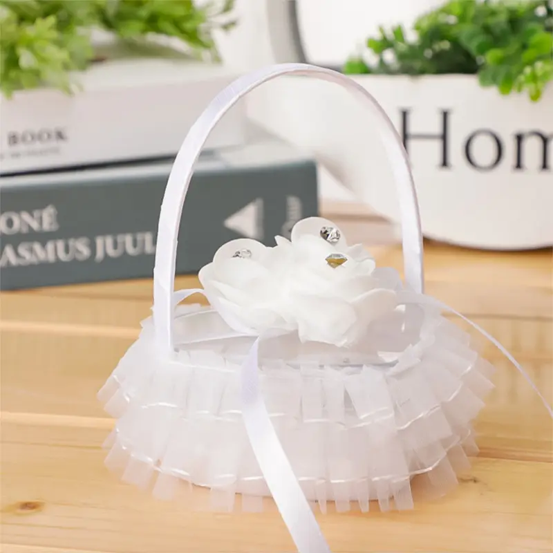 Romantic Heart-shaped Ring Box White Lace Flower Girls Basket Valentine's Day Gift Ring Pillows Case Wedding Party Decorations