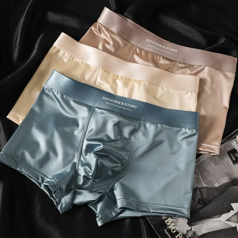 Luxury Summer Smooth Cool Ice Silk Satin-like Men's Boxershort Panties Solid Underpants Breathable Mesh Crotch Male Underwear