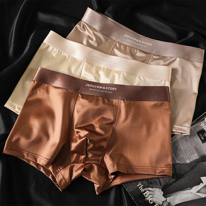 Luxury Summer Smooth Cool Ice Silk Satin-like Men's Boxershort Panties Solid Underpants Breathable Mesh Crotch Male Underwear