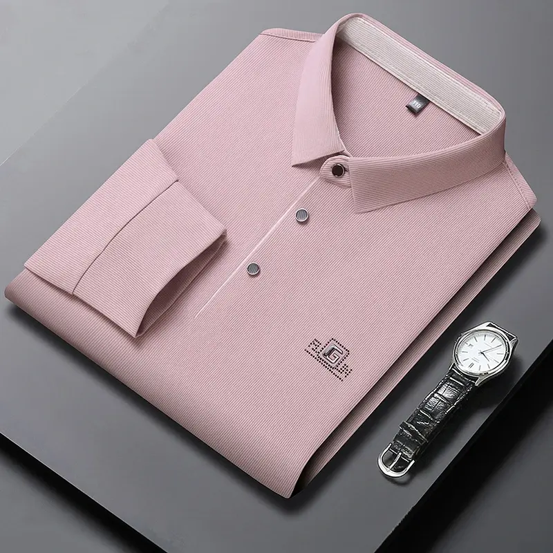 New Men's Business Casual Long Sleeved Shirt with Badge Solid Color Polo Shirt Fashionable Breathable Comfortable Versatile Top
