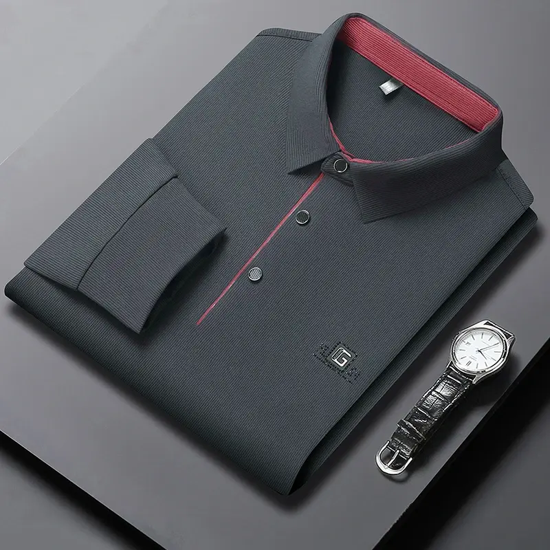 New Men's Business Casual Long Sleeved Shirt with Badge Solid Color Polo Shirt Fashionable Breathable Comfortable Versatile Top