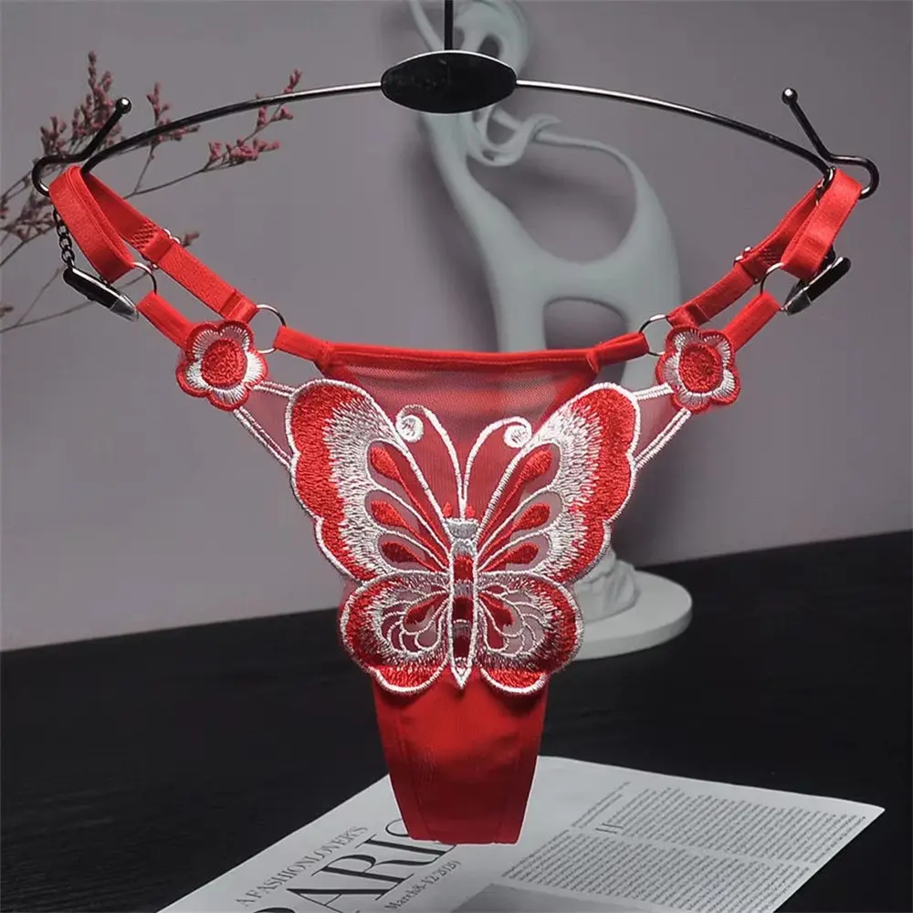 3Pcs Big Embroidery Butterfly Adjustable Thong Underwear Female Sexy Hot Perspective G-strings Low Waist T-back Lingerie