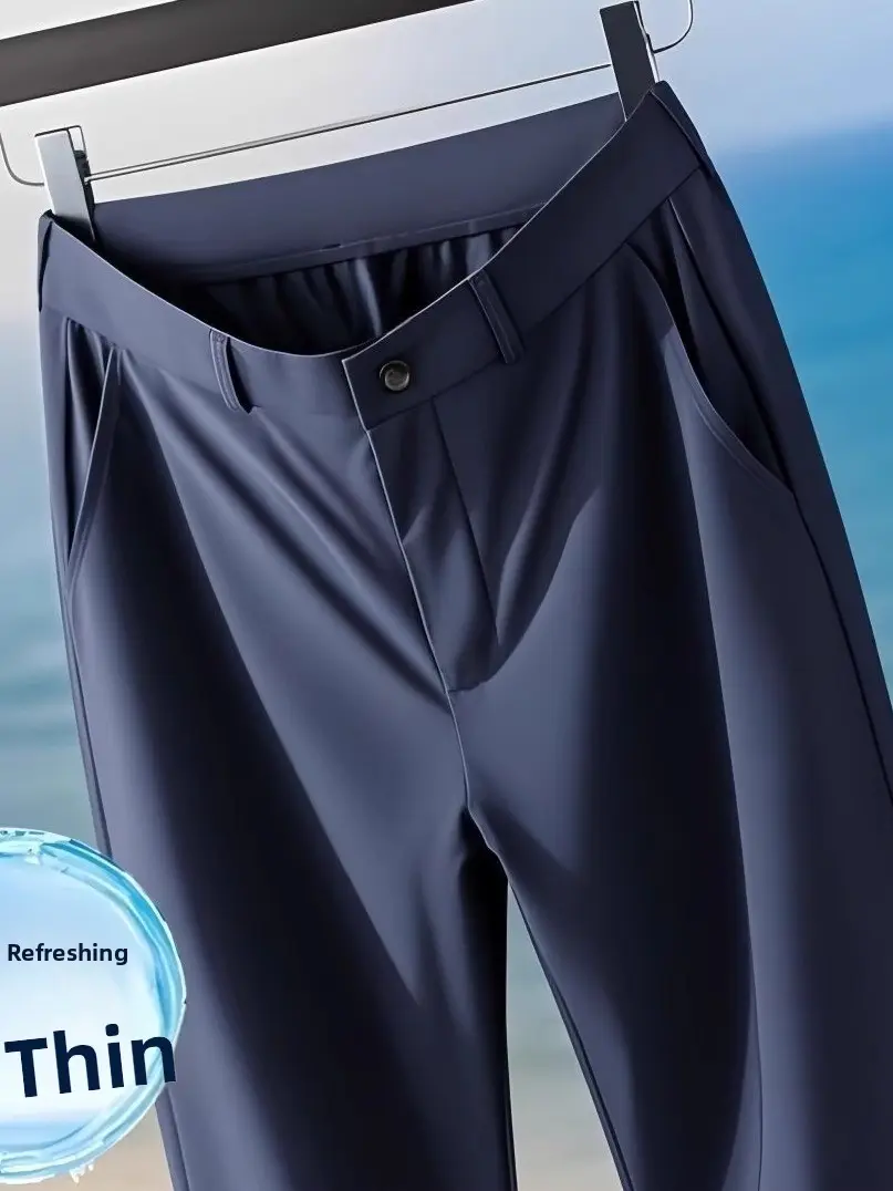 Casual Straight Leg Men's Pants Slim Fit Light Weight Tailored Westwear Summer Thin Blue Color Drapey Nine-Piece Suit Pants
