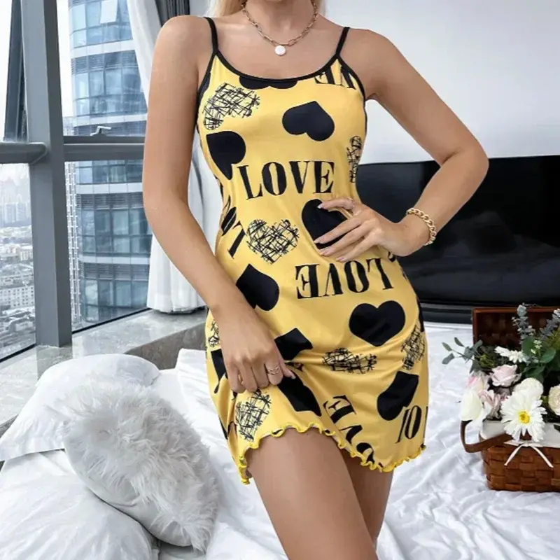 Summer New Women's Nightgown Beauty Back Thin Section Of Home Wear Sexy Halter Short Skirt Love Cartoon Cute Printing Pajamas