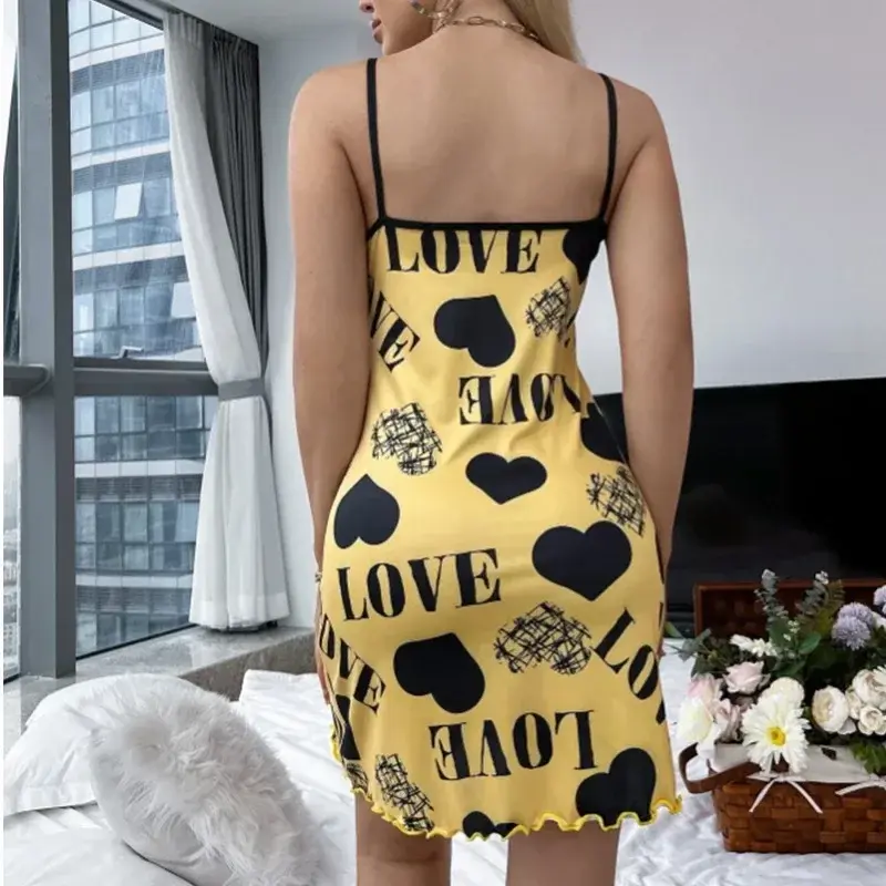 Summer New Women's Nightgown Beauty Back Thin Section Of Home Wear Sexy Halter Short Skirt Love Cartoon Cute Printing Pajamas