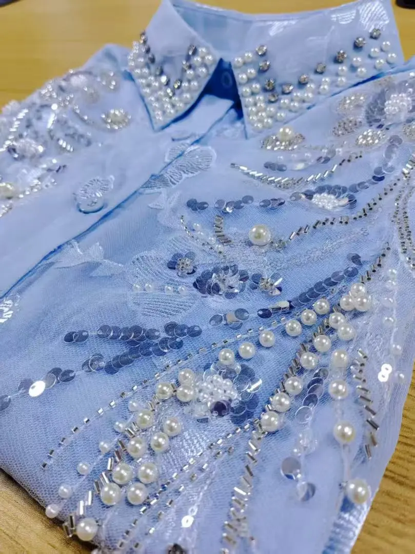 Luxury Style Sparkle Rhinestones Women Spring Summer Loose Casual Shirts Blouses Oversize Outerwear Tops