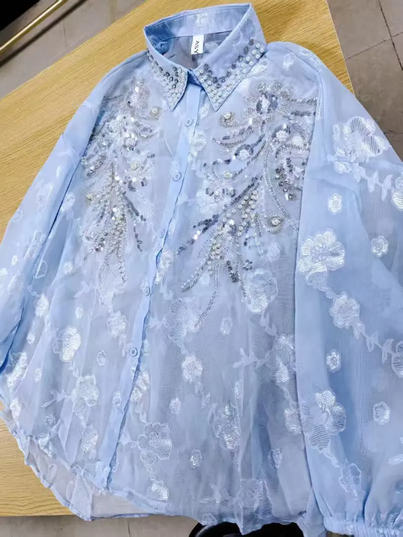 Luxury Style Sparkle Rhinestones Women Spring Summer Loose Casual Shirts Blouses Oversize Outerwear Tops