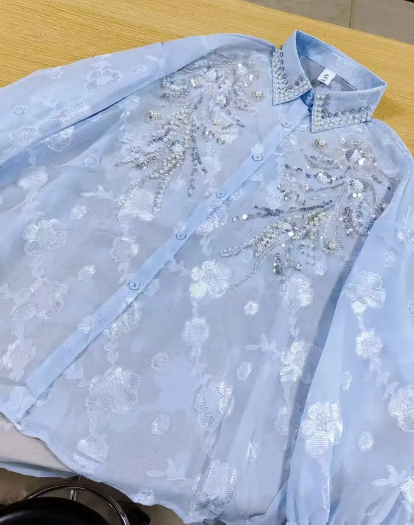 Luxury Style Sparkle Rhinestones Women Spring Summer Loose Casual Shirts Blouses Oversize Outerwear Tops